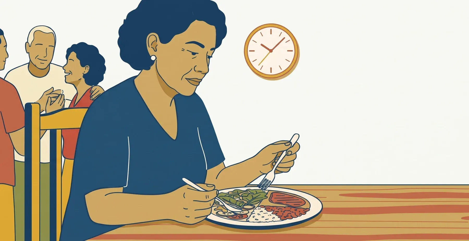 Ilustração: uma mulher olha para o prato, séria, enquanto a família conversa e ri ao fundo em uma festa