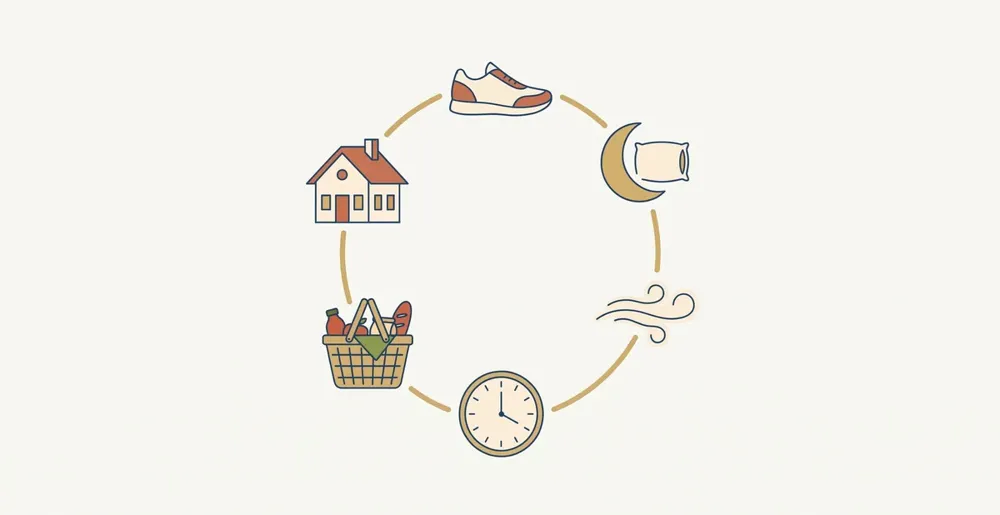 Ilustração de um ciclo com casa, tênis, cama, relógio e cesta de alimentos: a rotina inteira