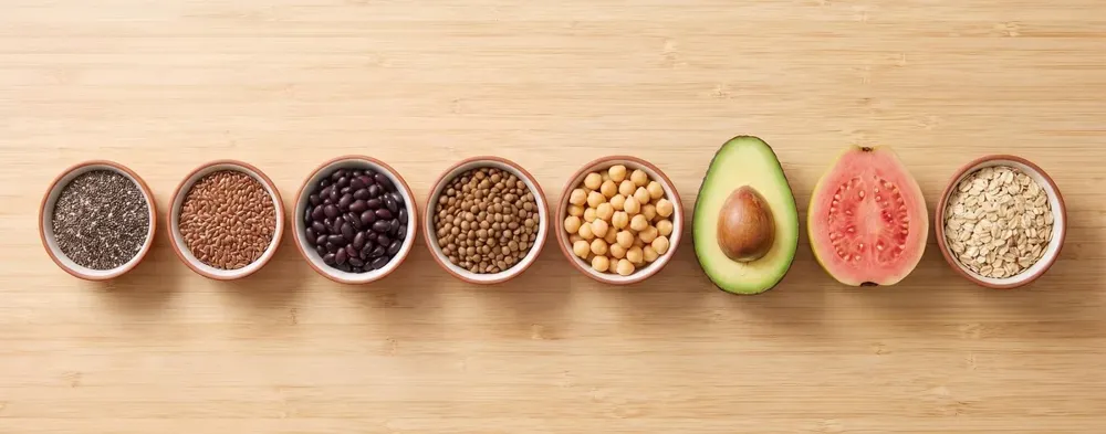 Tigelas com chia, linhaça, feijão preto, lentilha, grão-de-bico, abacate, goiaba e aveia